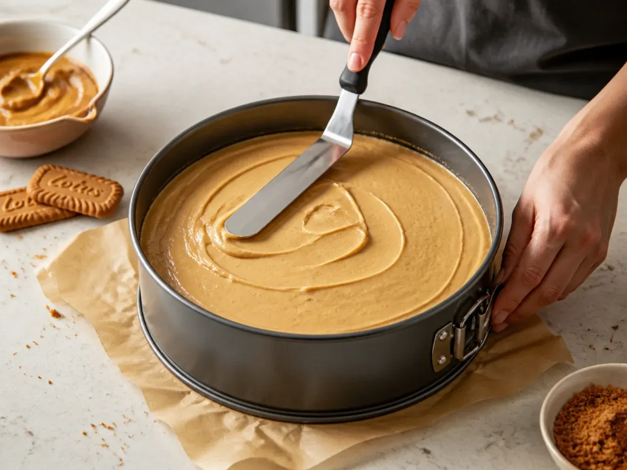 biscoff cheesecake how to — step 4: fill the tin and level the top