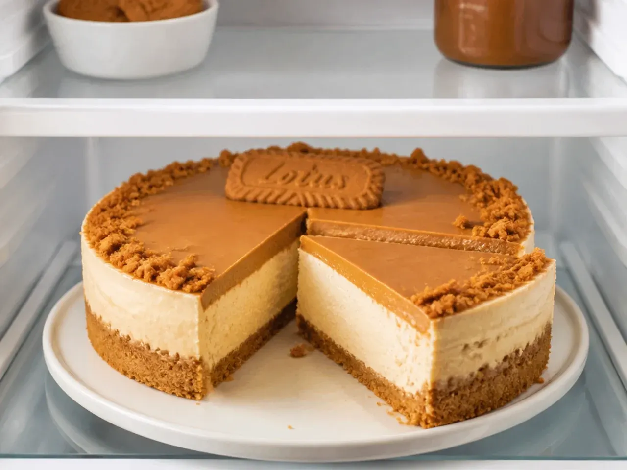 Sliced Biscoff cheesecake stored in the fridge showing how to make it ahead
