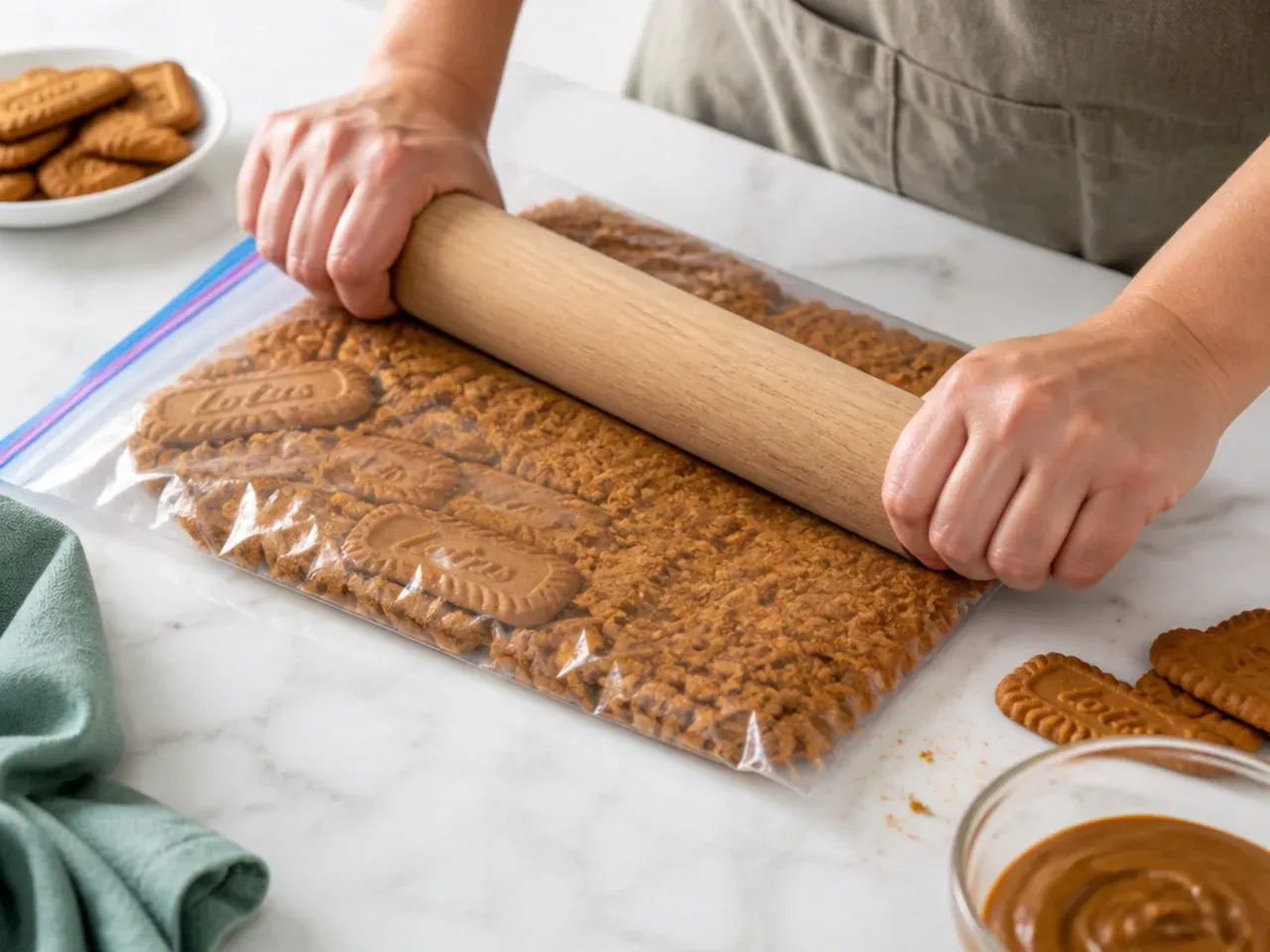 biscoff cheesecake recipe — step 1: crush the biscuits