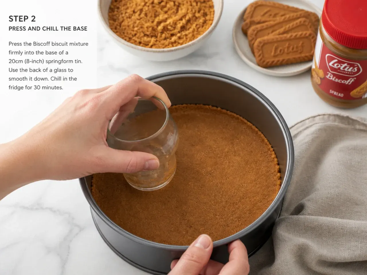 biscoff cheesecake recipe — step 2: press and chill the base