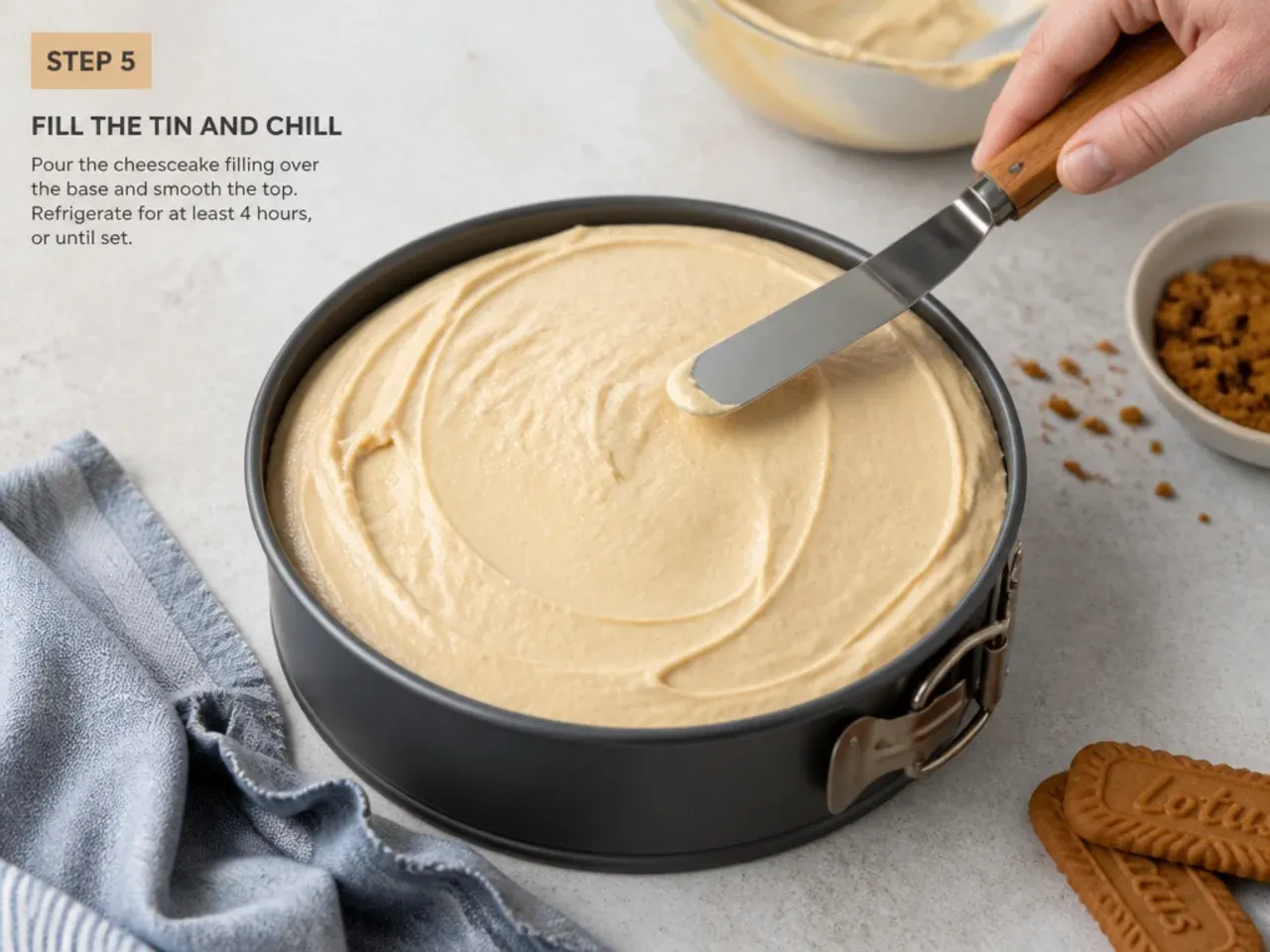 biscoff cheesecake recipe — step 5: fill the tin and chill
