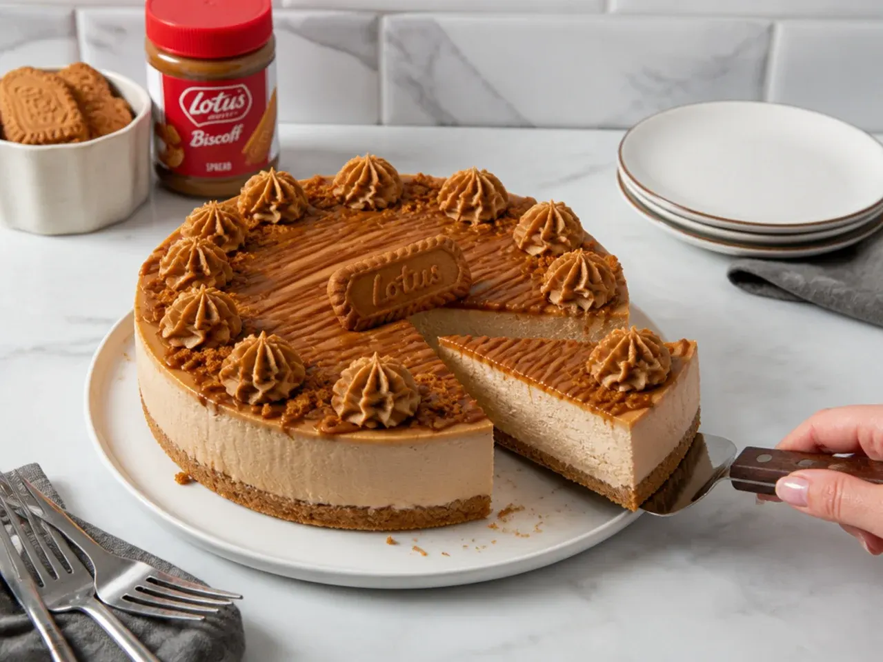 biscoff cheesecake recipe — step 7: release, decorate and slice