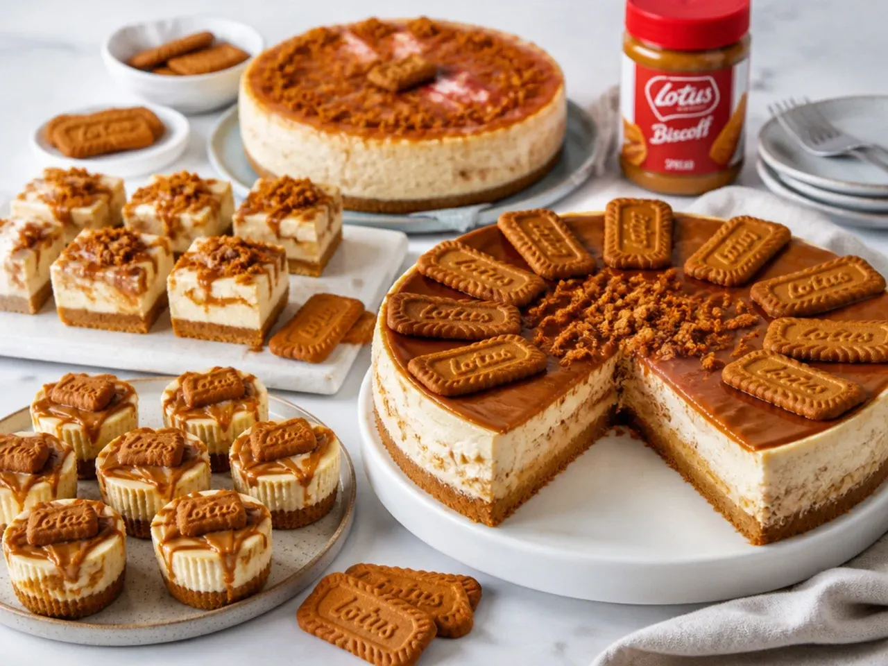 Collection of easy Biscoff cheesecake recipes shown as whole cakes, bars and mini bites on a table