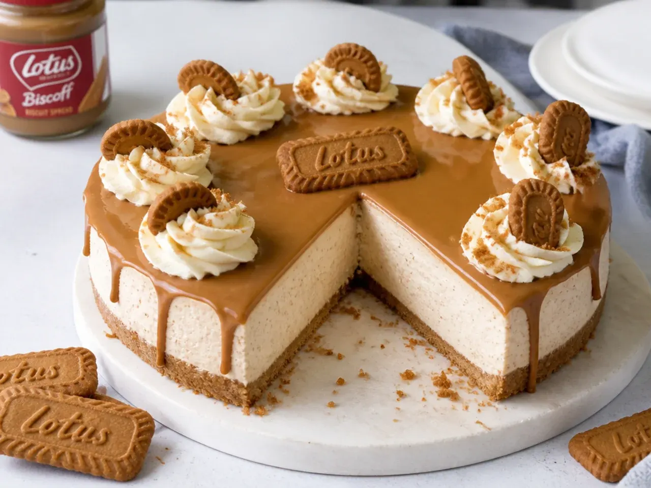 Classic no-bake Biscoff cheesecake with melted Biscoff spread topping and piped cream rosettes
