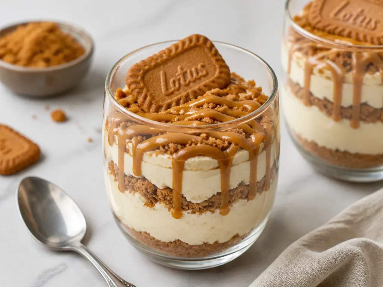 Individual Biscoff cheesecake pots layered in glasses with biscuit crumbs and cookie butter drizzle