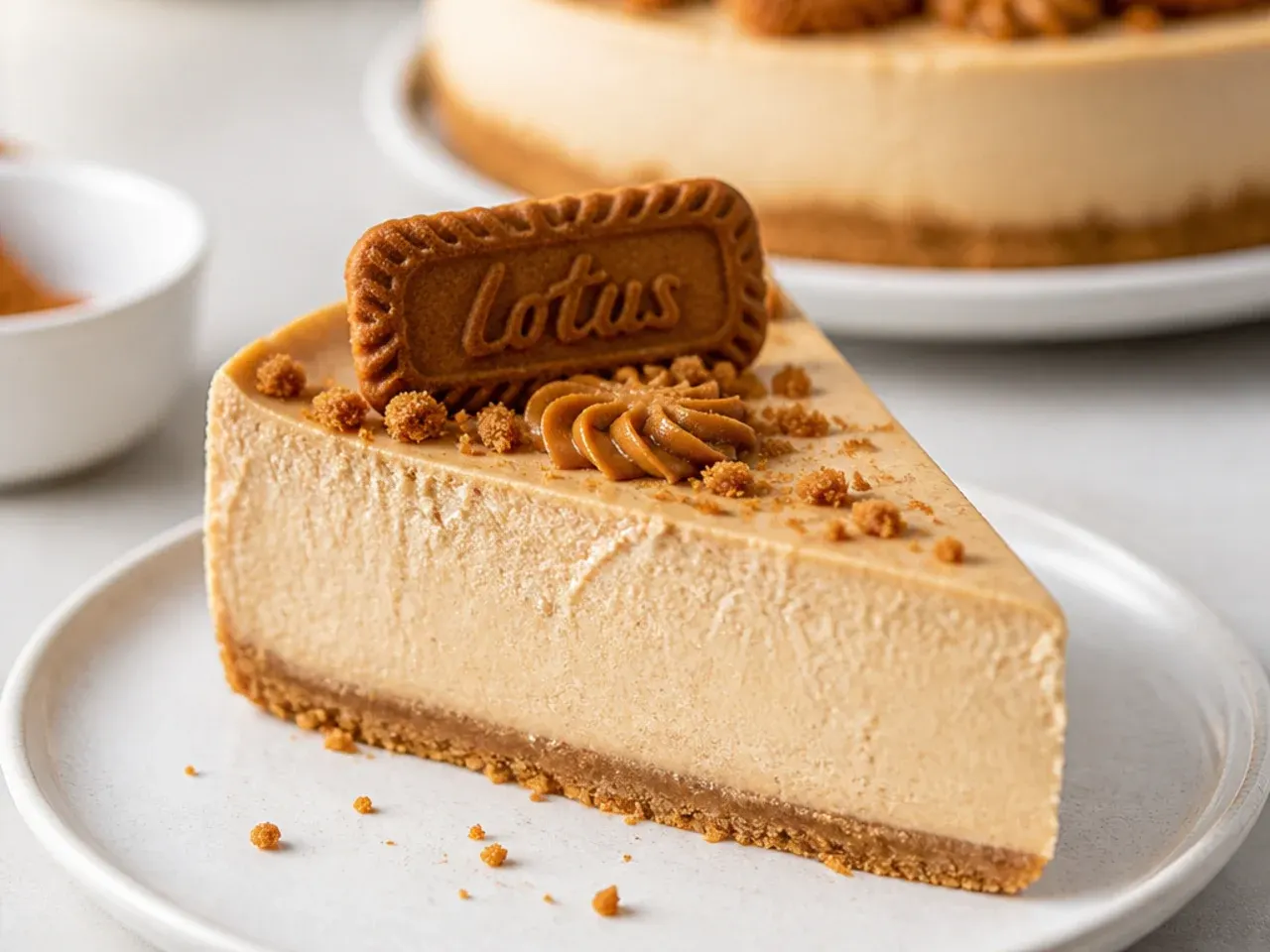 Baked New York-style Biscoff cheesecake slice showing dense creamy filling on a biscuit base