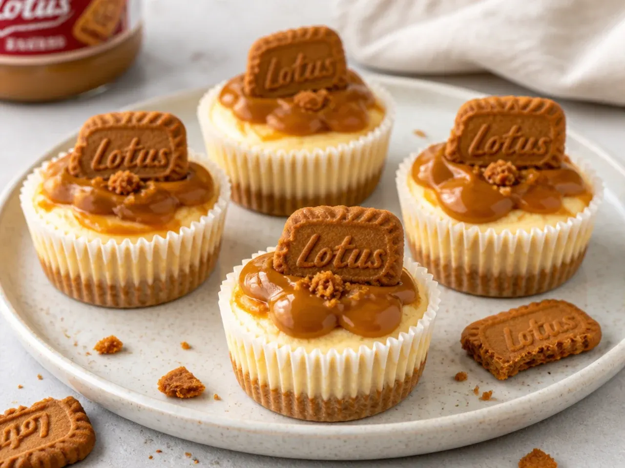 Mini Biscoff cheesecakes in paper cases topped with cookie butter and half a Lotus biscuit