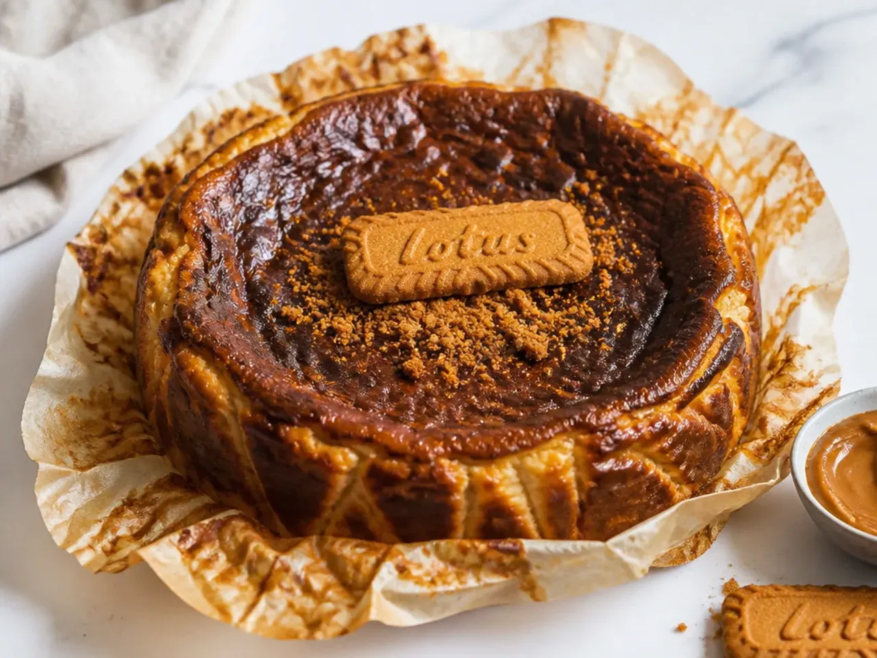 Basque burnt Biscoff cheesecake with dark caramelised top in scrunched baking paper