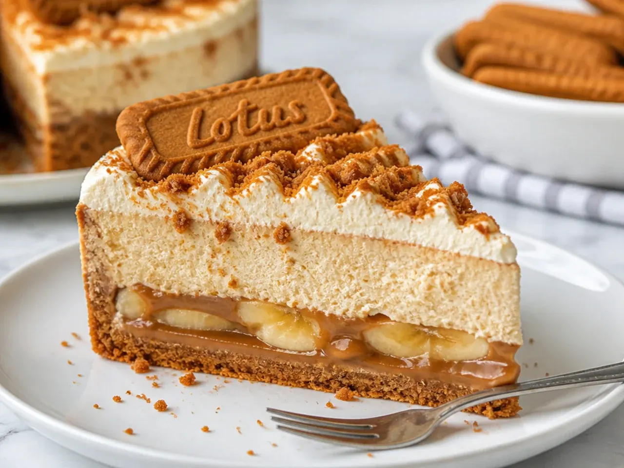 Biscoff banoffee cheesecake slice revealing hidden banana and caramel layers over the biscuit base