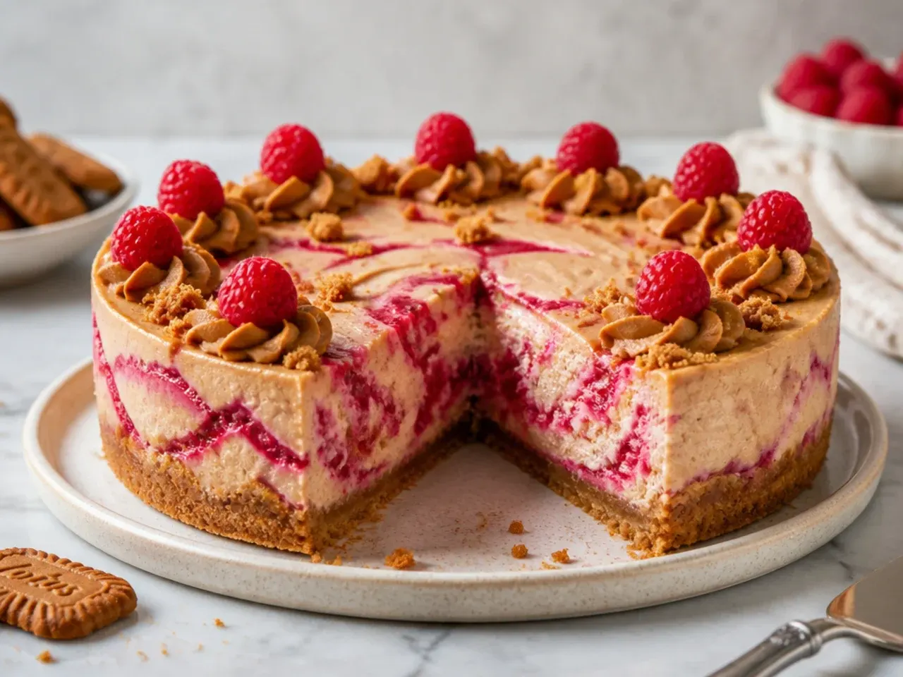 Raspberry swirl Biscoff cheesecake with pink marbled ripples through the cookie butter filling
