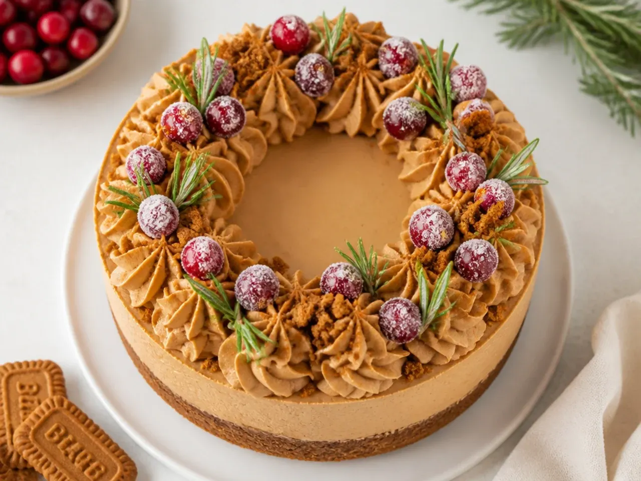 Festive Biscoff cheesecake decorated as a wreath with cream rosettes, sugared cranberries and rosemary