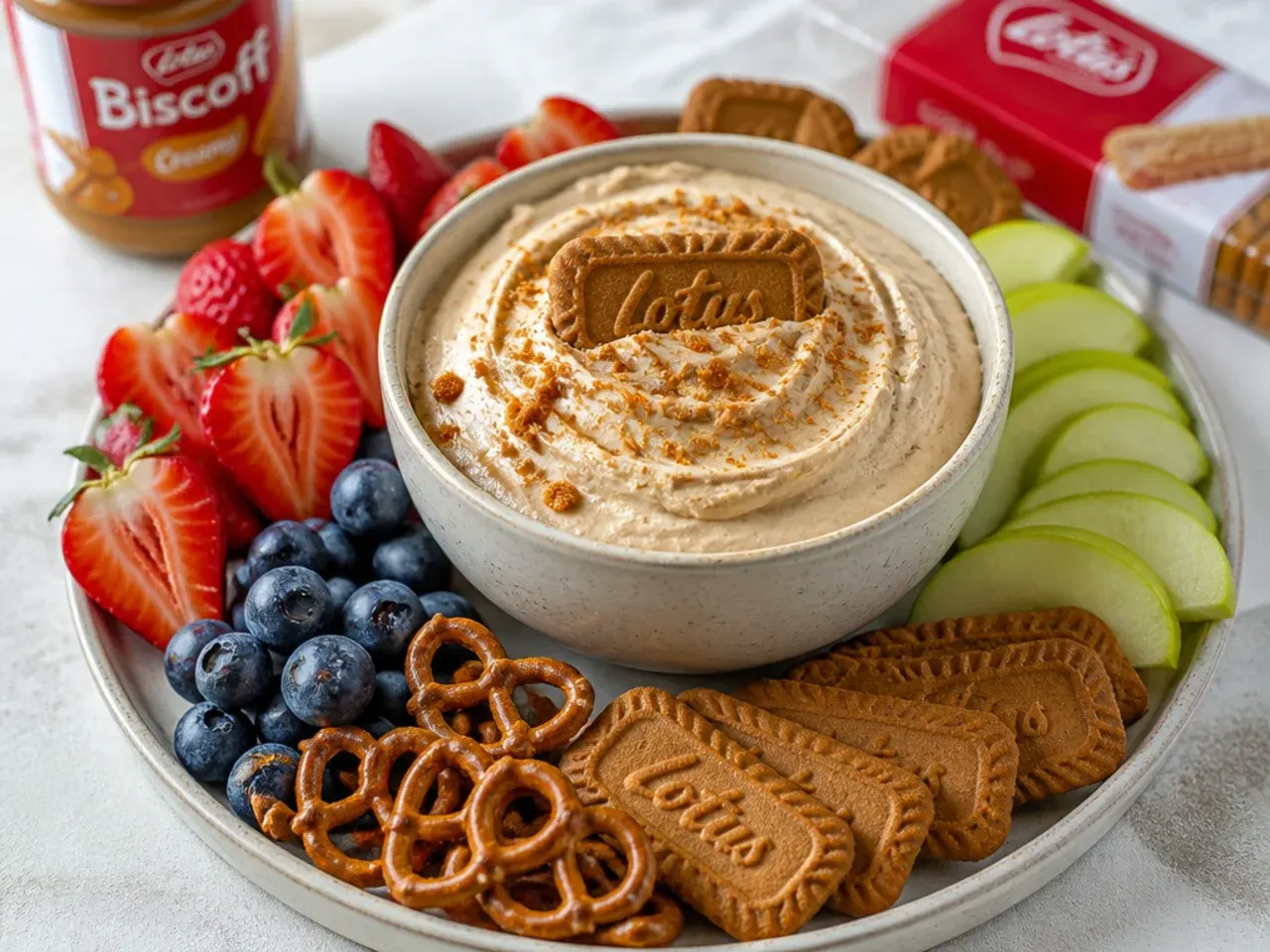 Biscoff cheesecake dip in a bowl surrounded by fruit, pretzels and Lotus biscuits for dipping