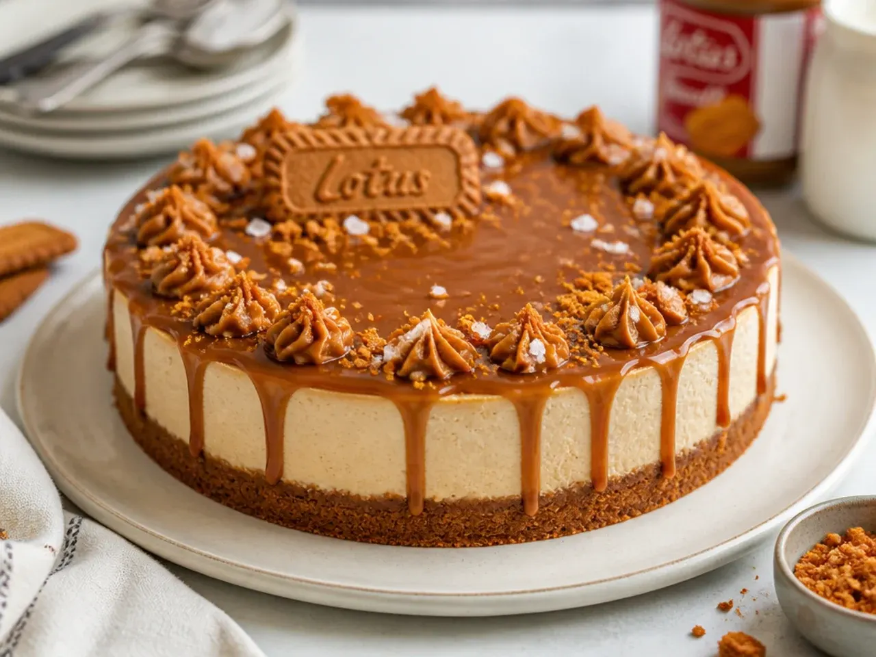 Salted caramel Biscoff cheesecake with caramel drizzle and flaky sea salt on top
