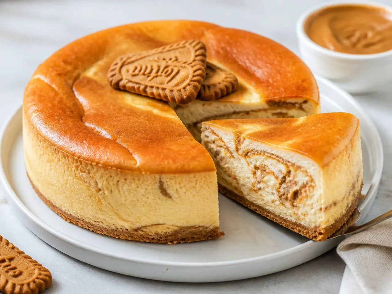 Light Japanese souffle Biscoff cheesecake with golden top and cookie butter marbling