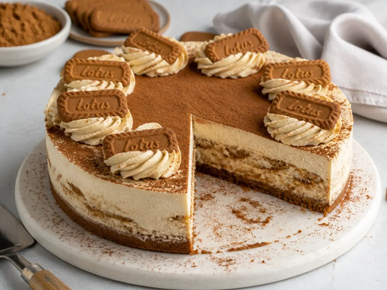 Biscoff tiramisu cheesecake with espresso-soaked biscuit layer and cocoa-dusted top
