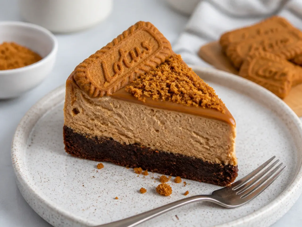 Brownie-bottom Biscoff cheesecake slice showing fudgy chocolate base under creamy cookie butter filling