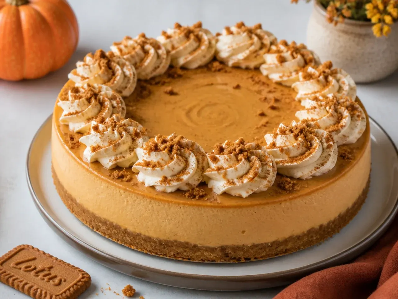 Autumnal pumpkin spice Biscoff cheesecake topped with cinnamon-dusted cream rosettes