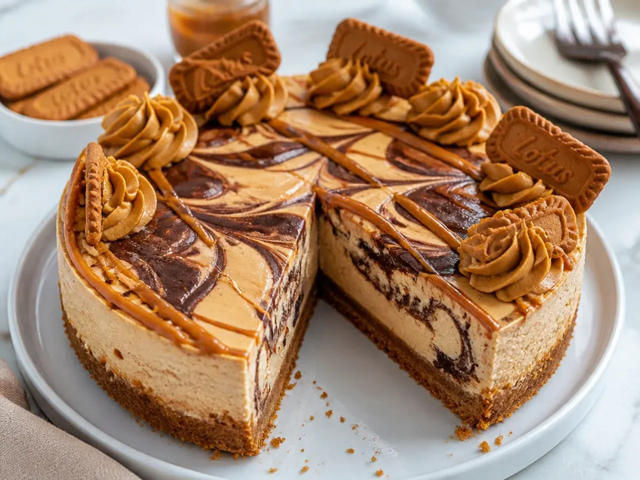 Chocolate marble Biscoff cheesecake with dark chocolate ribbons swirled through the filling