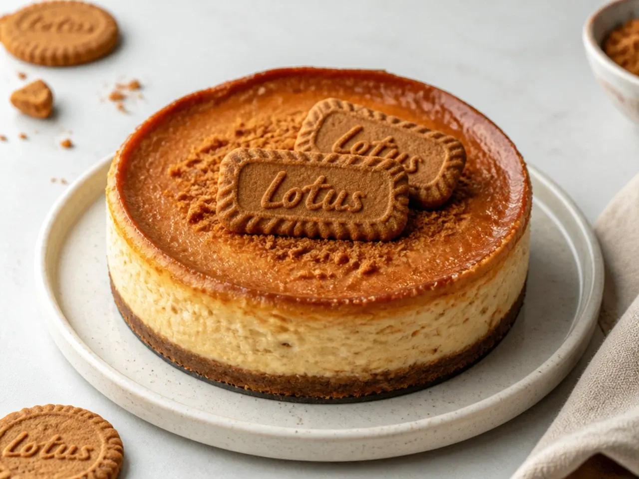 Small air fryer Biscoff cheesecake baked in a six inch tin with golden edges