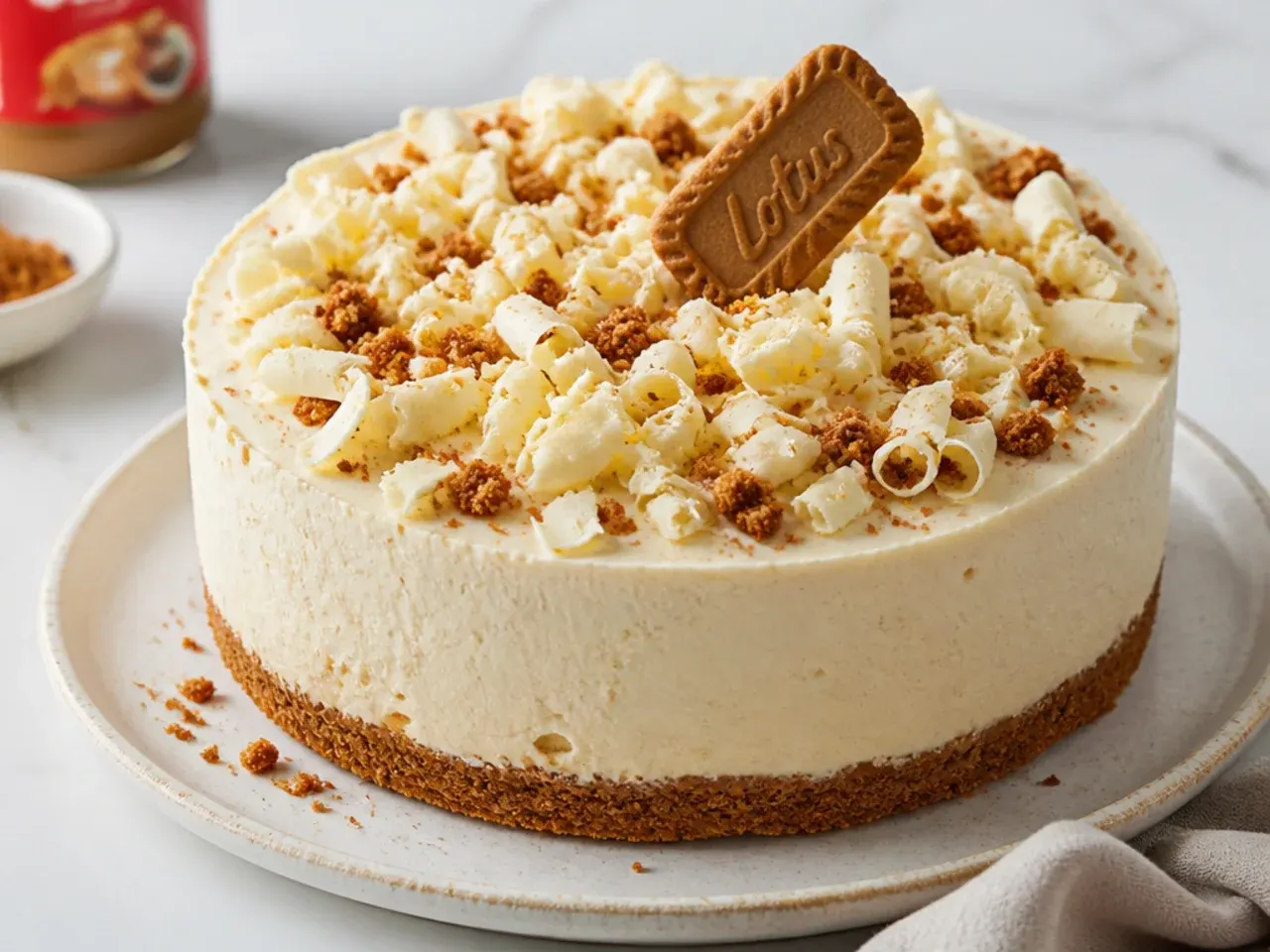 Elegant white chocolate Biscoff cheesecake decorated with white chocolate curls and biscuit crumbs