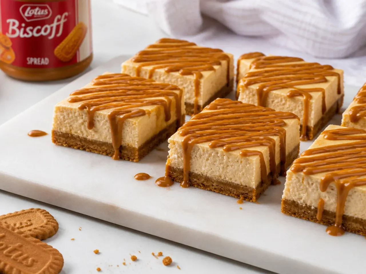 Frozen Biscoff cheesecake bars cut into rectangles and drizzled with melted cookie butter
