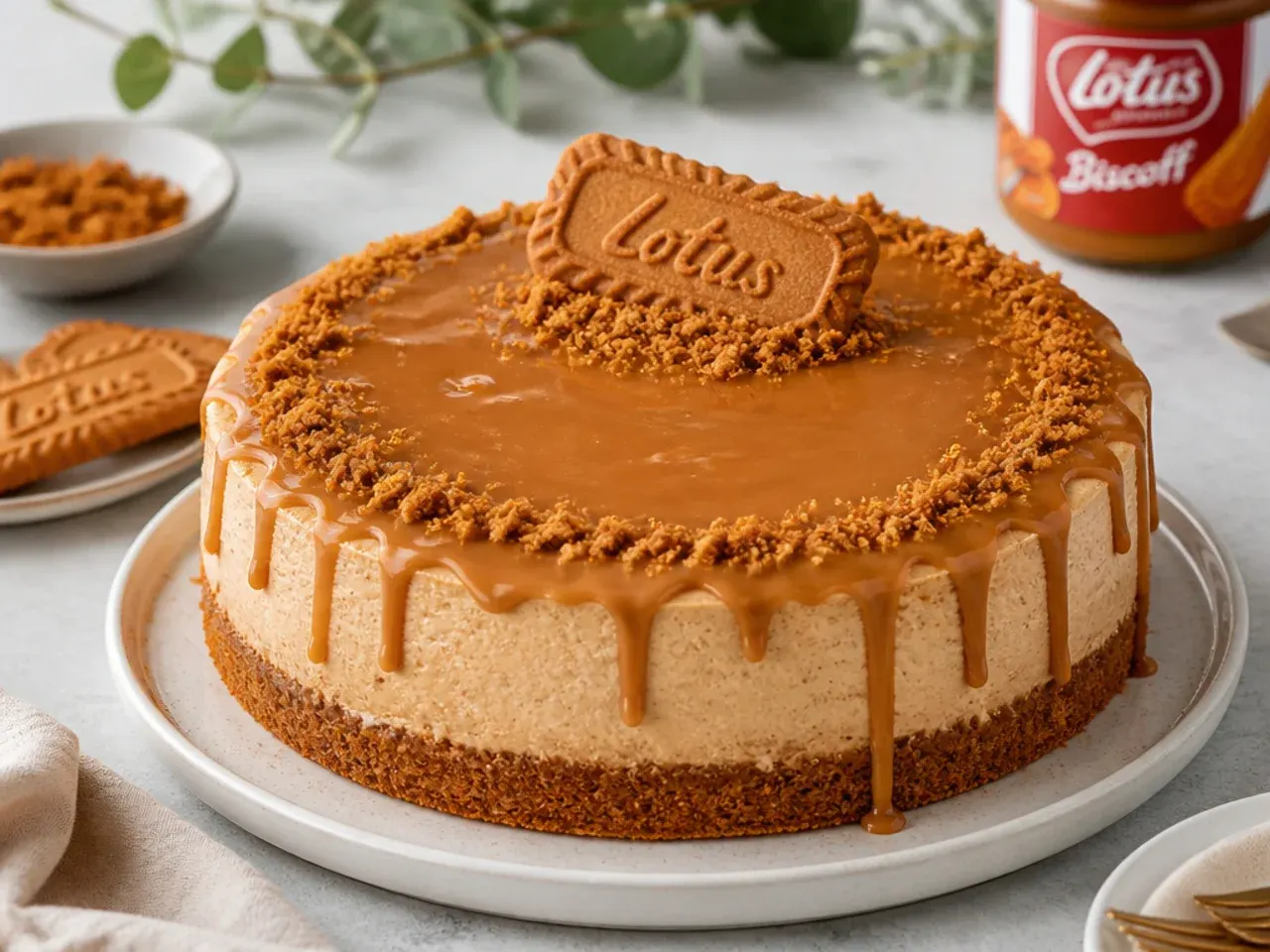 Dairy-free vegan Biscoff cheesecake made with plant-based cream cheese and Lotus biscuits