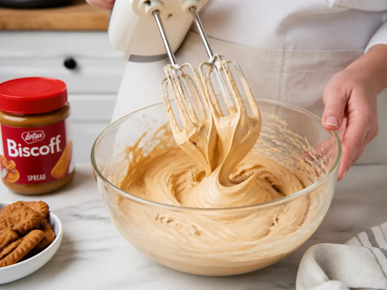 Baker whipping thick Biscoff cheesecake filling to soft-serve consistency in a mixing bowl