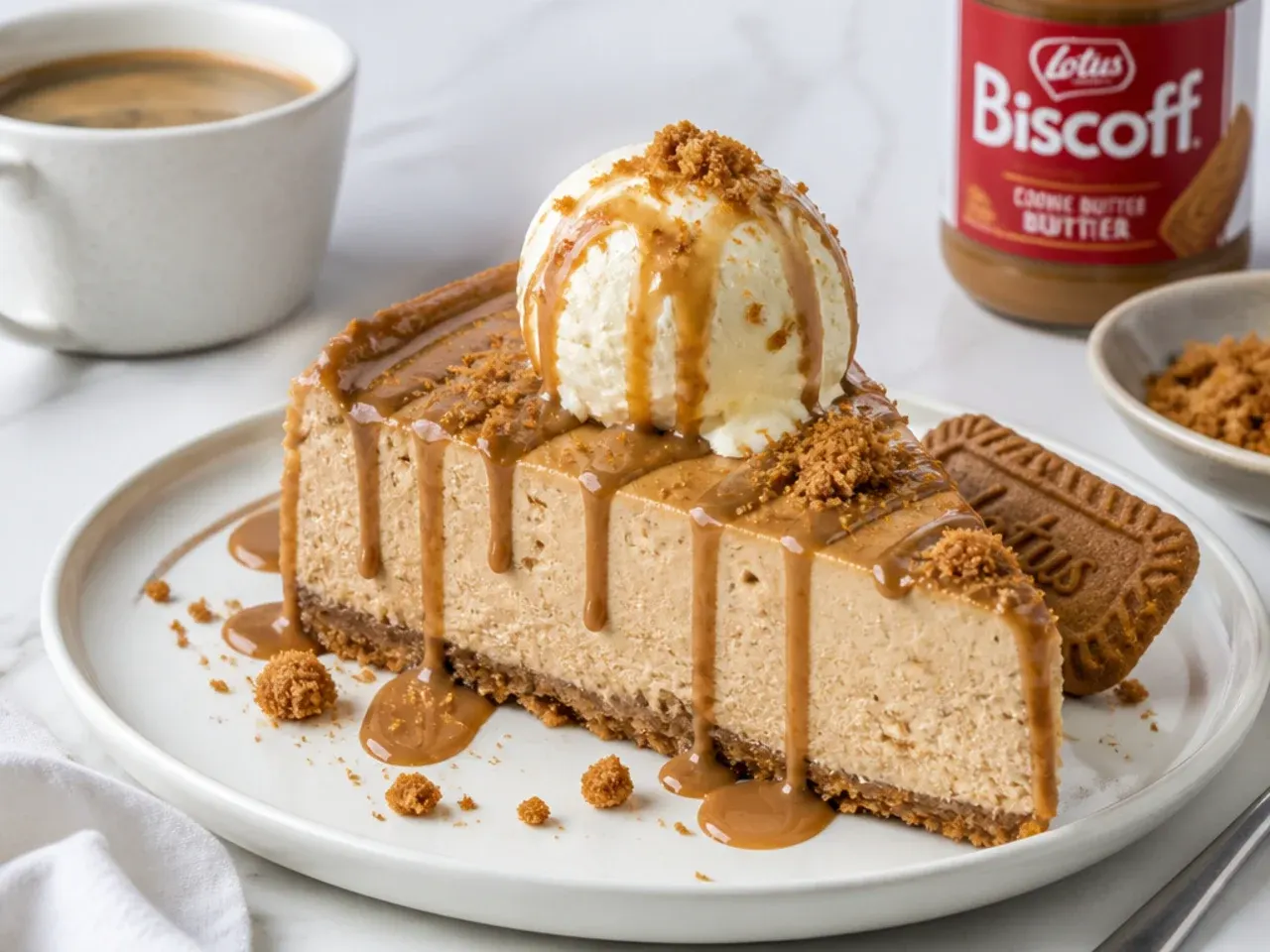 Biscoff cheesecake slice served with vanilla ice cream, espresso and warm cookie butter drizzle