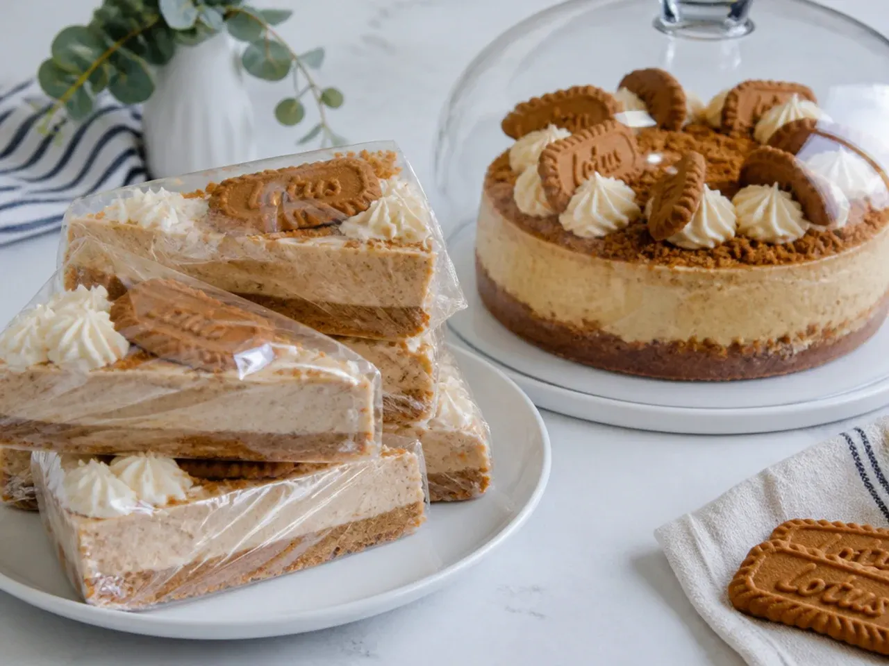 Biscoff cheesecake slices wrapped for freezing next to a whole cake stored under a dome