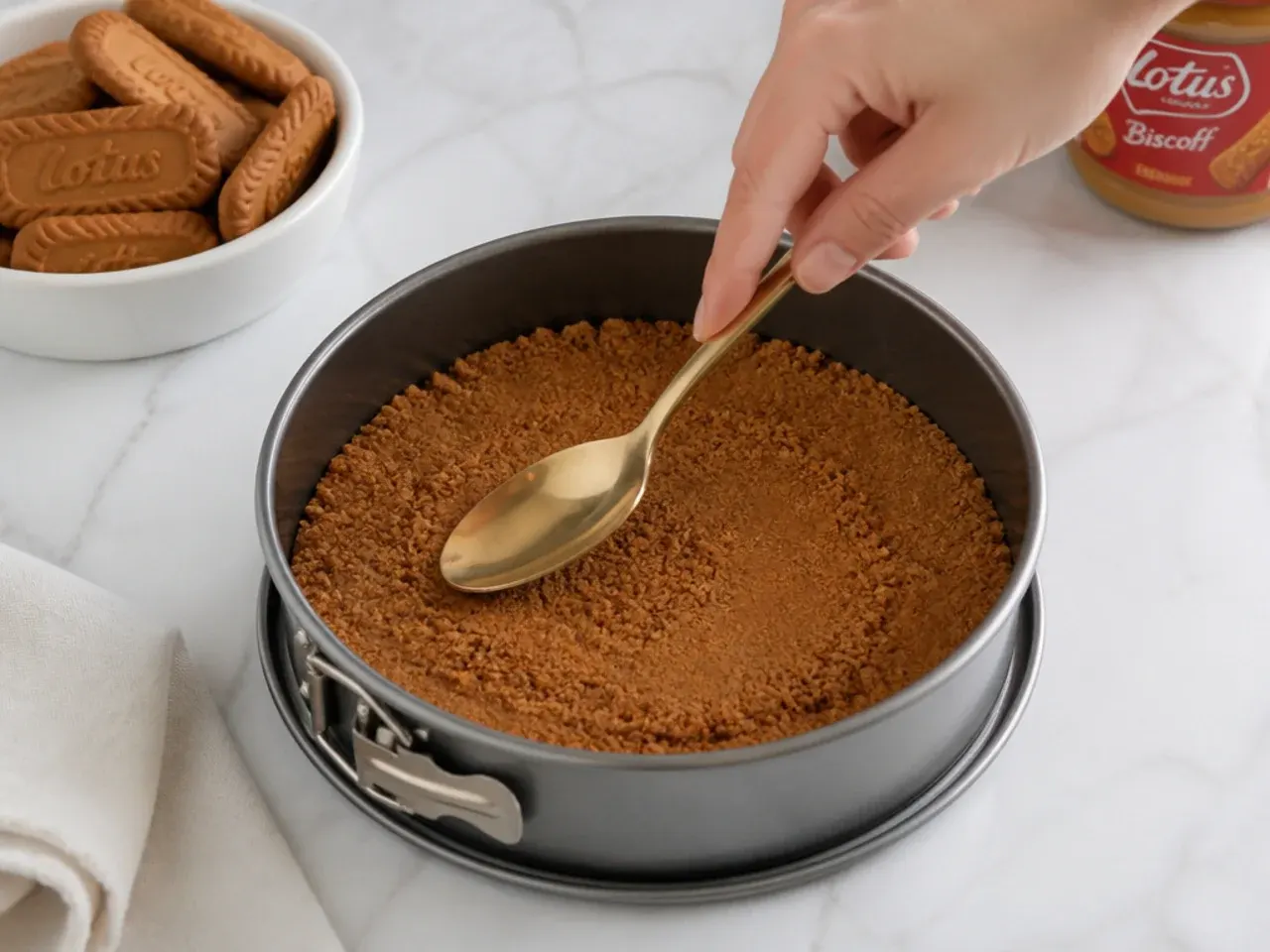 biscoff cheesecake toppings — step 1: make the biscuit base
