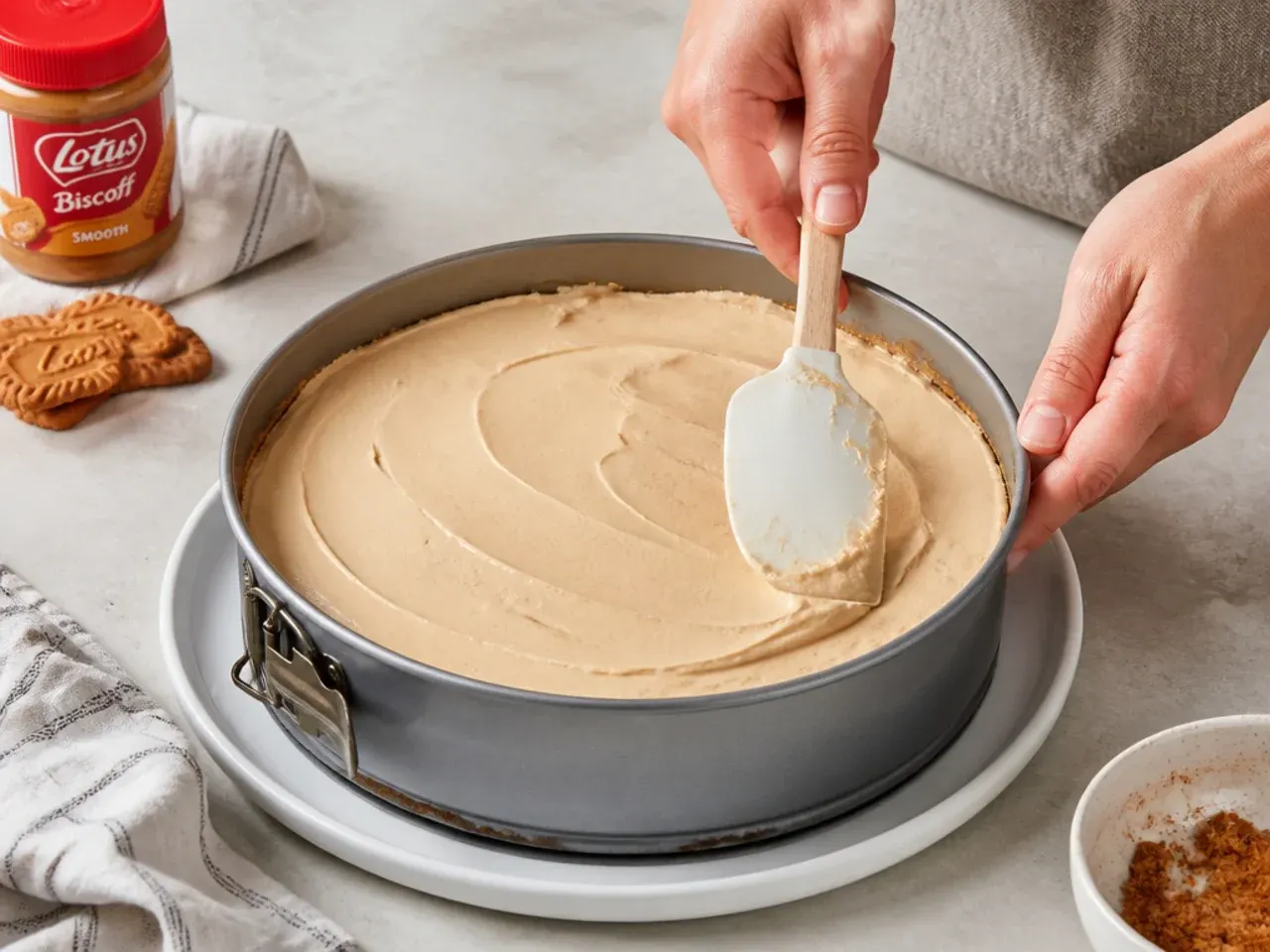 biscoff cheesecake toppings — step 5: fill and set the cheesecake