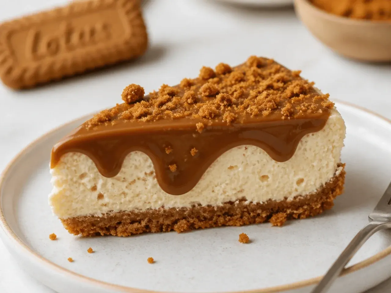 Slice of no-bake Biscoff cheesecake showing a glossy Biscoff topping and crushed Lotus biscuits
