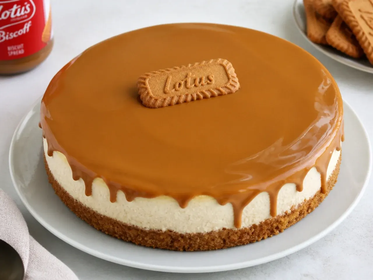 Biscoff cheesecake topping idea with a smooth mirror glaze of melted Lotus spread poured to the edges