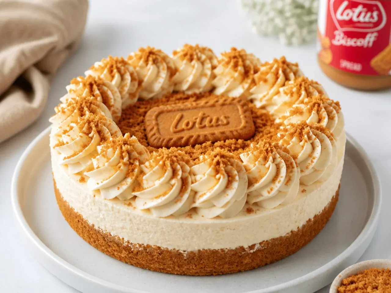 Easy Biscoff cheesecake topping with piped cream rosettes and crushed Lotus biscuit crumbs
