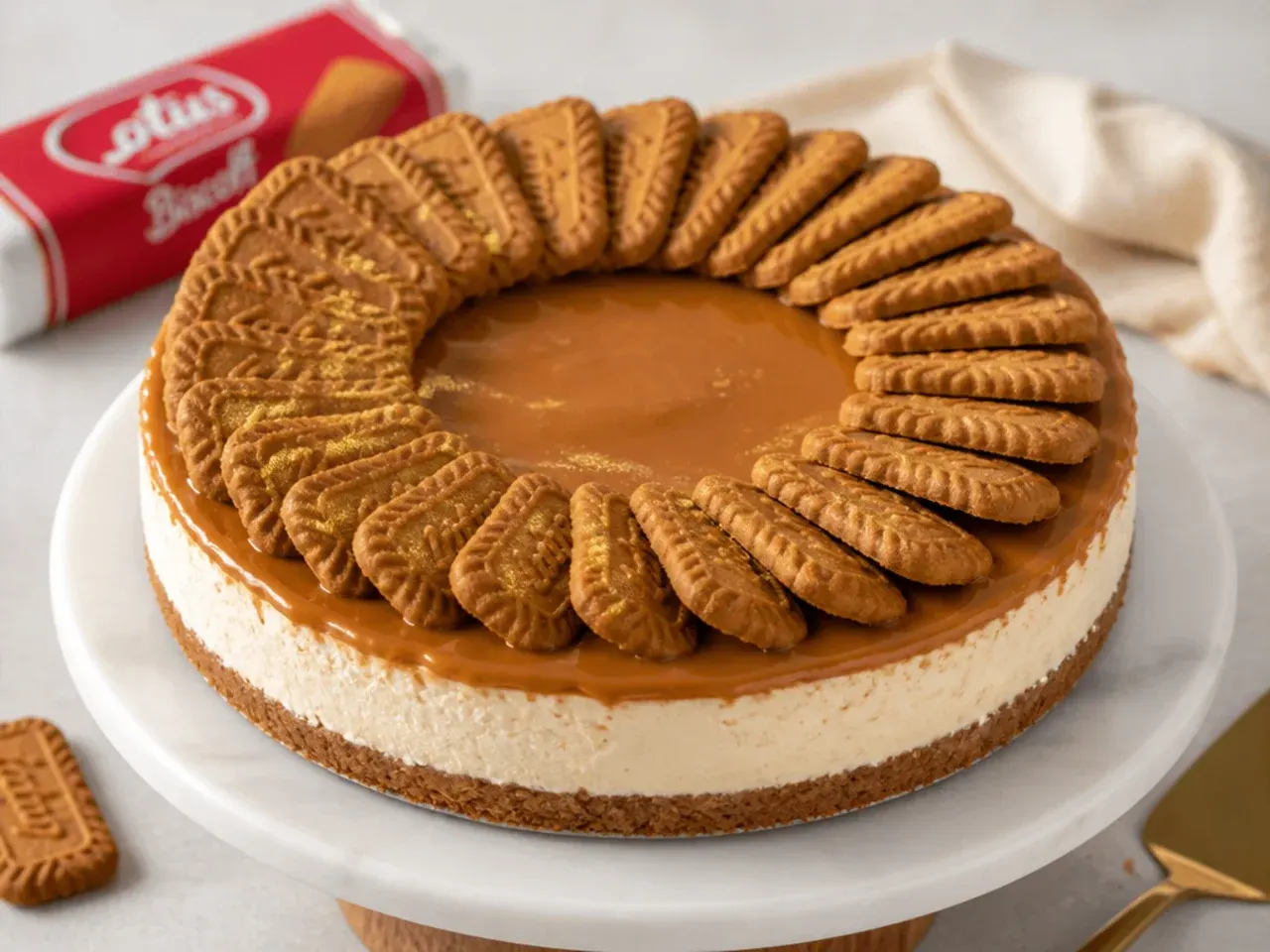 Elegant Biscoff cheesecake topping with a fanned ring of whole Lotus biscuits dusted with gold
