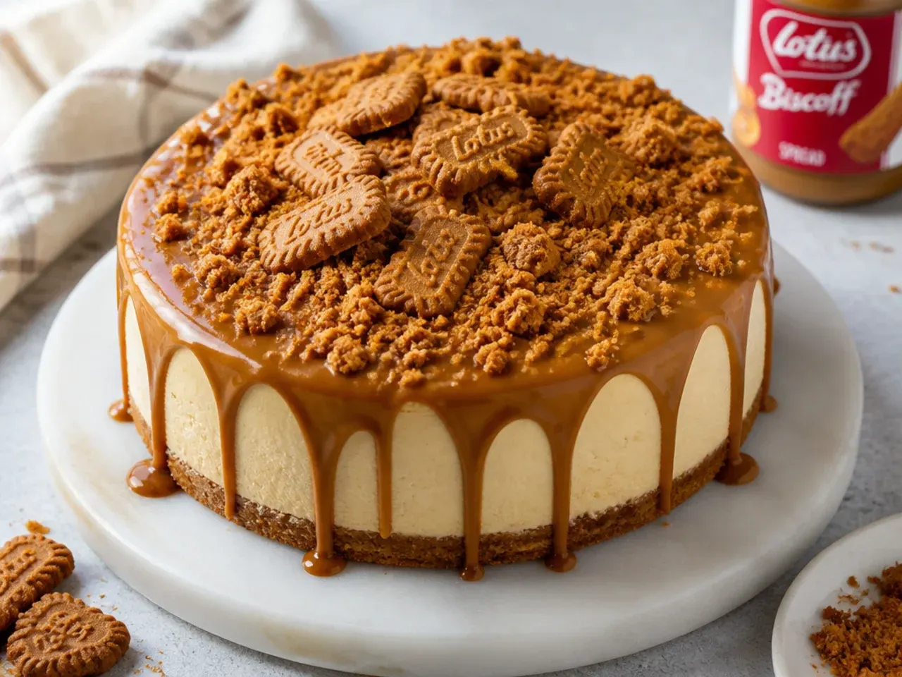 Playful Biscoff cheesecake topping with a spread drip down the sides and a crumble of mini cookies