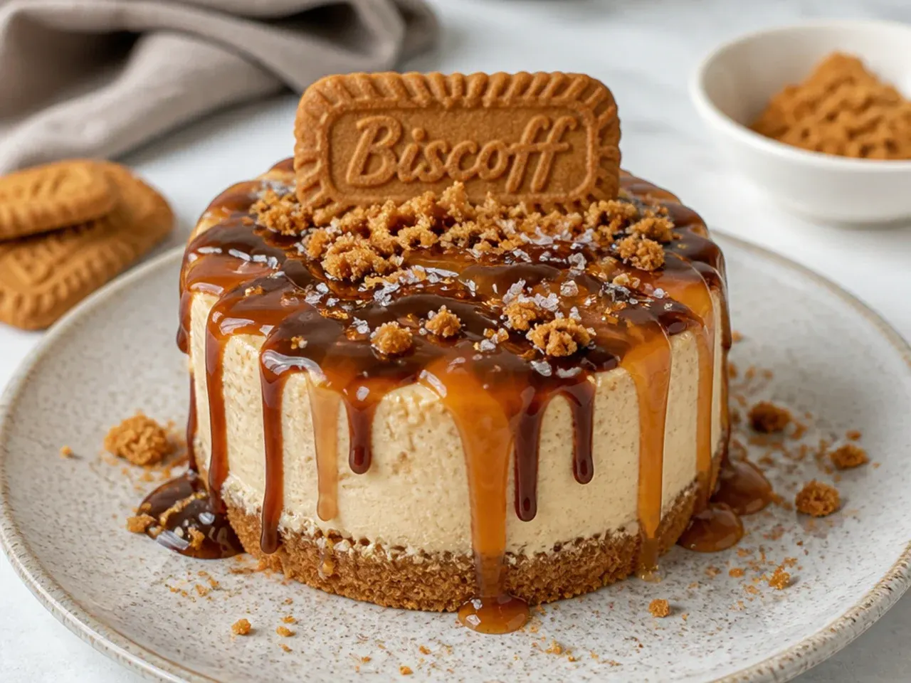 Modern Biscoff cheesecake topping drizzled with salted caramel, dark chocolate ganache and sea salt