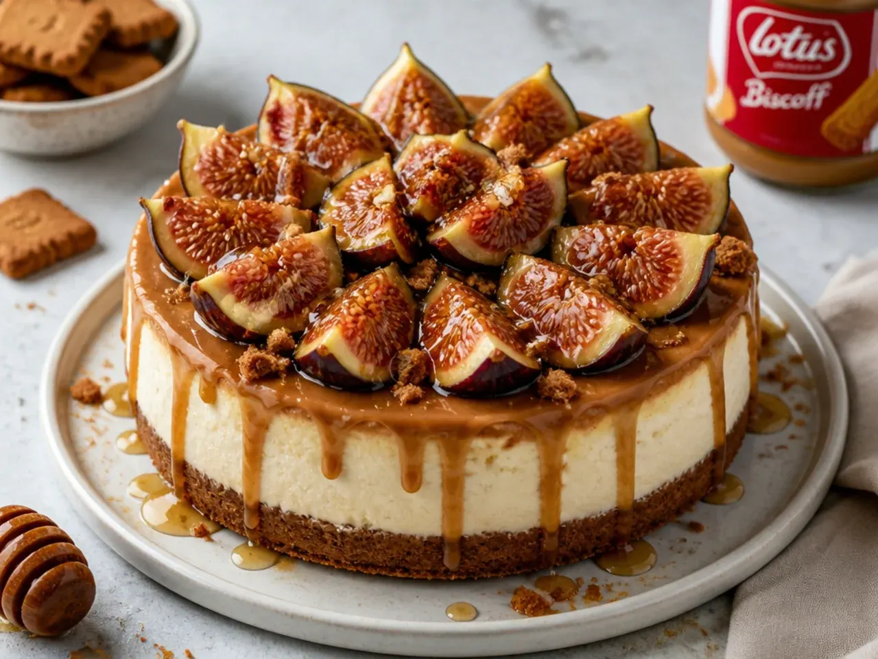 Rustic Biscoff cheesecake topping with honey-roasted figs and a glossy honey glaze