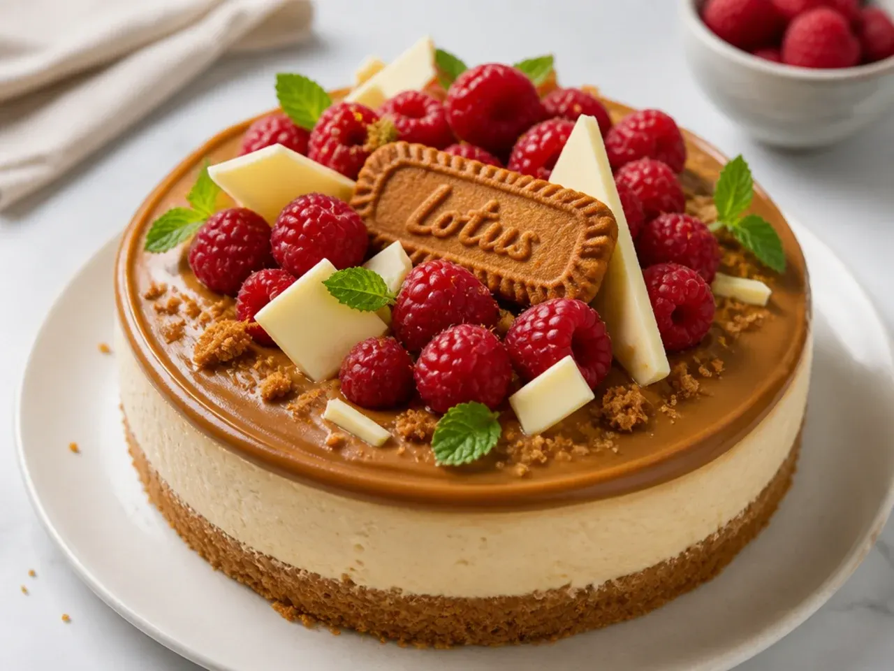 Colorful Biscoff cheesecake topping with fresh raspberries, white chocolate shards and mint