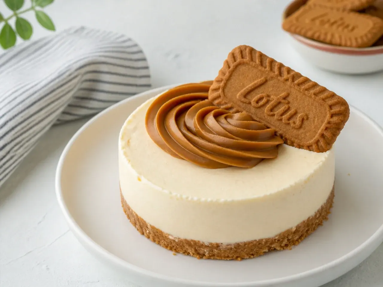 Minimal Biscoff cheesecake topping with a single piped spread swirl and one Lotus biscuit