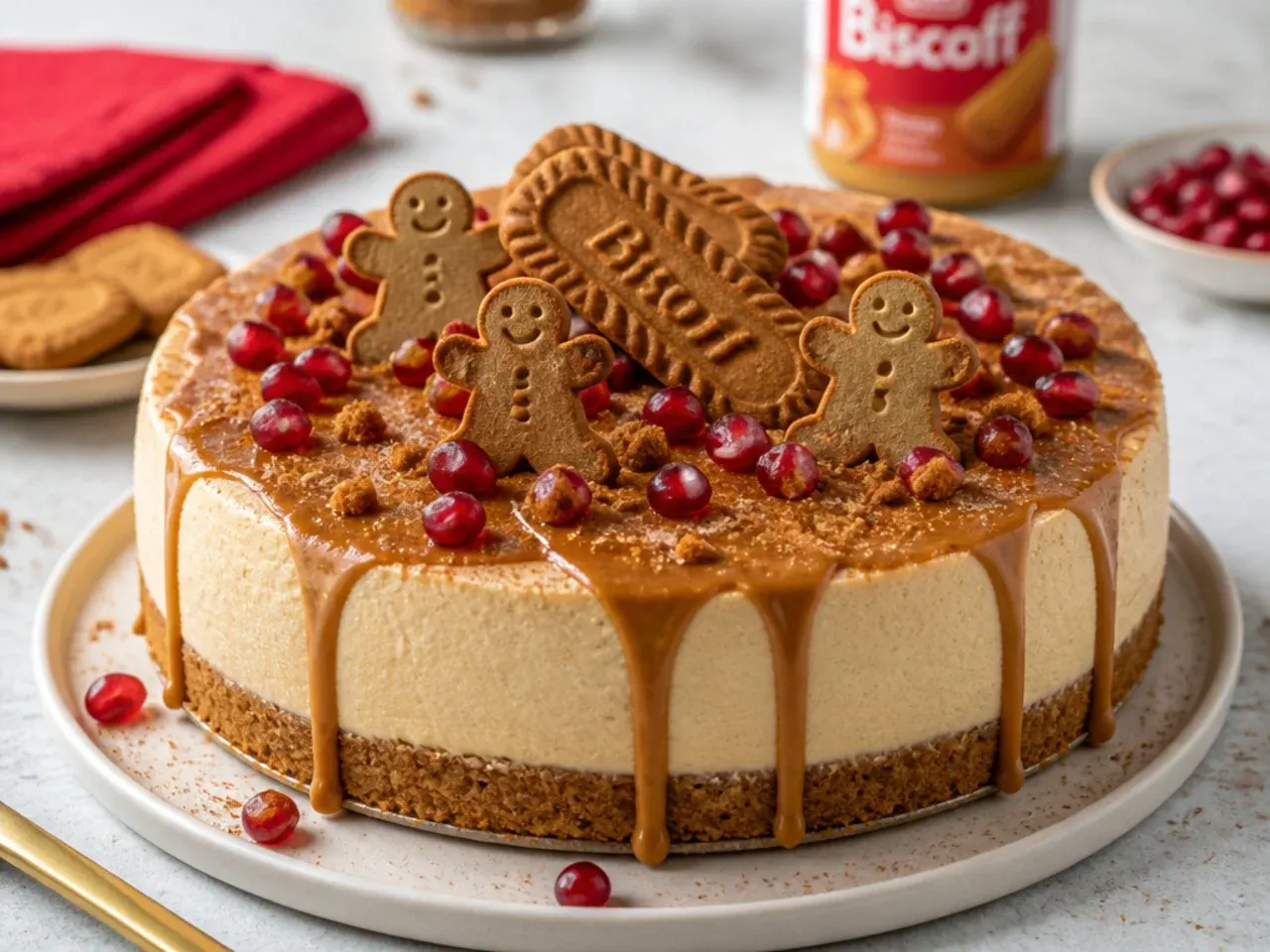 Festive Biscoff cheesecake topping with gingerbread pieces, cinnamon sugar and pomegranate seeds