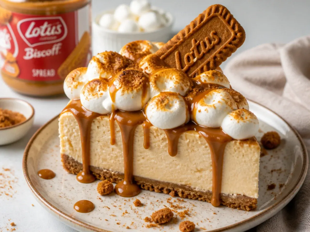 Whimsical Biscoff cheesecake topping with torched golden marshmallow clouds and spread drizzle
