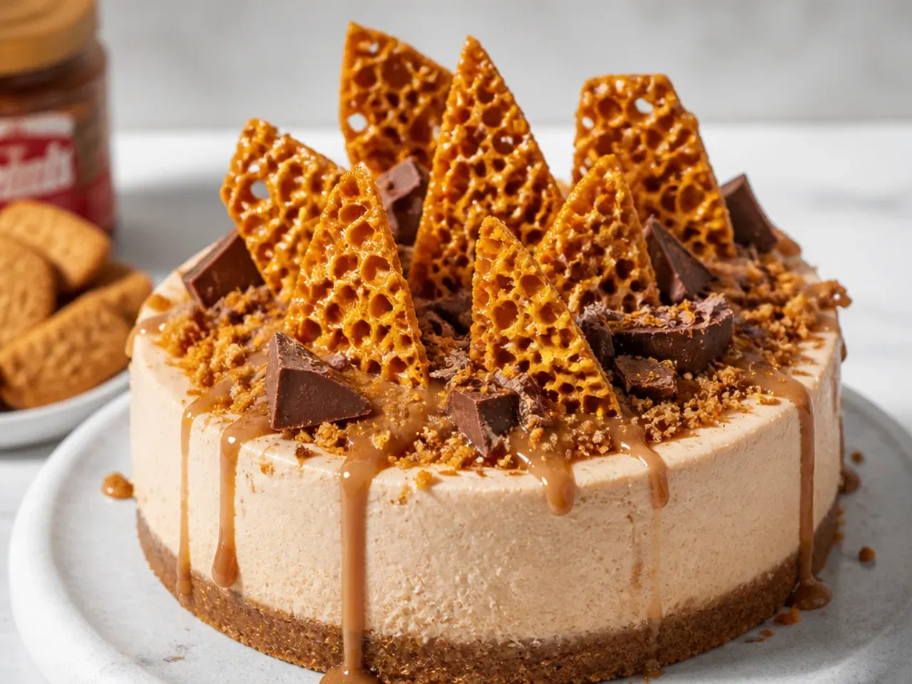 Bold Biscoff cheesecake topping with tall honeycomb shards and chunks of chocolate