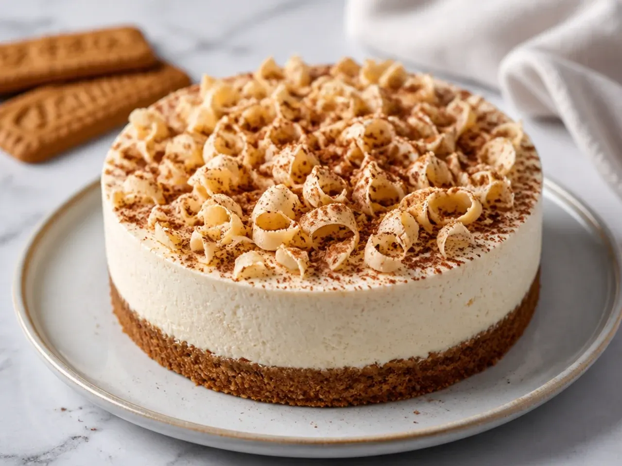 Delicate Biscoff cheesecake topping with fine caramelised white chocolate curls and cocoa dusting