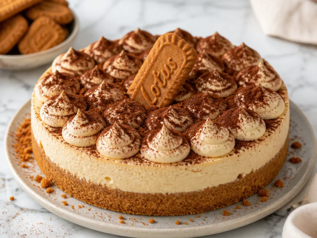 Vintage Biscoff cheesecake topping with espresso whipped cream and a dusting of cocoa powder