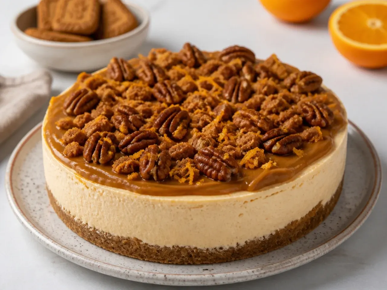 Creative Biscoff cheesecake topping with spiced candied nuts and fresh orange zest