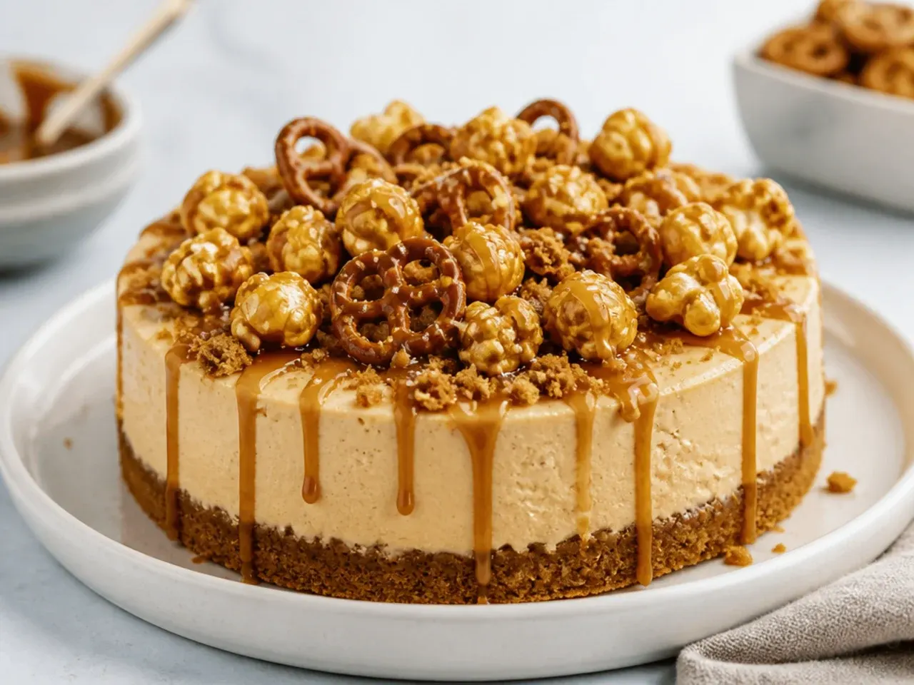 Charming Biscoff cheesecake topping with caramel popcorn, salted pretzels and caramel drizzle