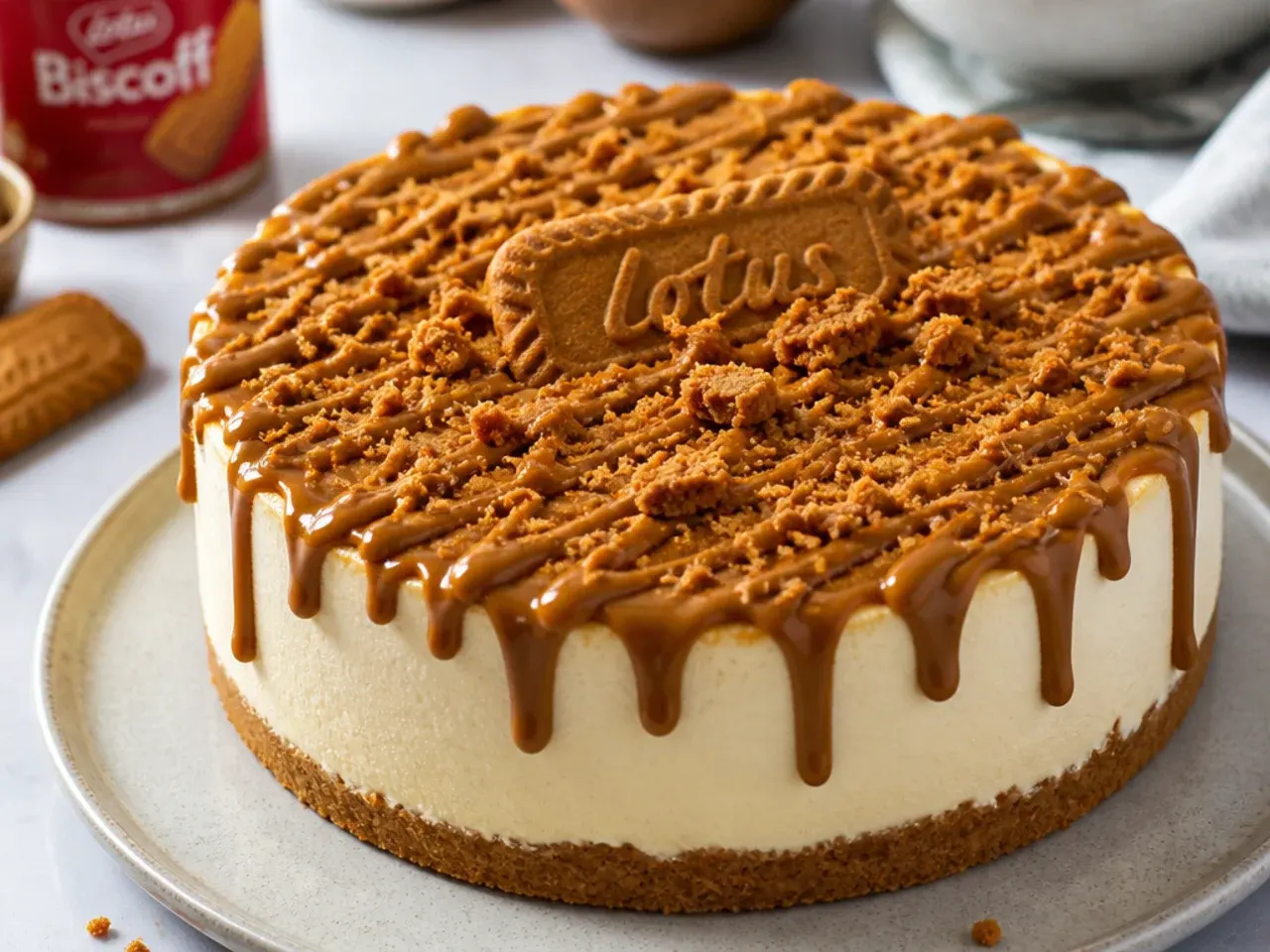 Pro tips for finishing a Biscoff cheesecake topping with melted spread and crushed biscuits