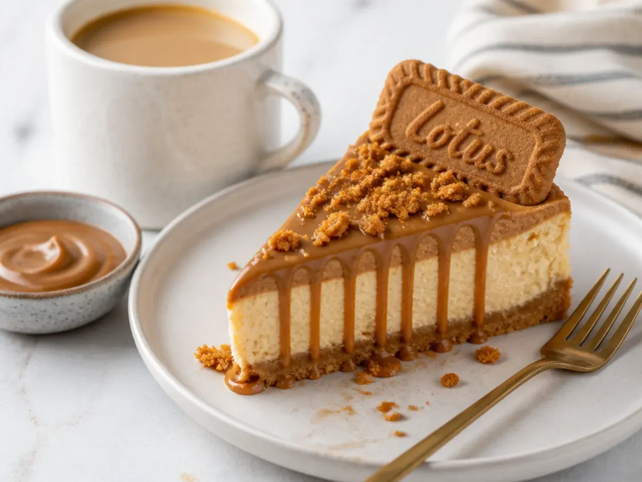 Served slice of topped Biscoff cheesecake with coffee and extra melted spread on the side