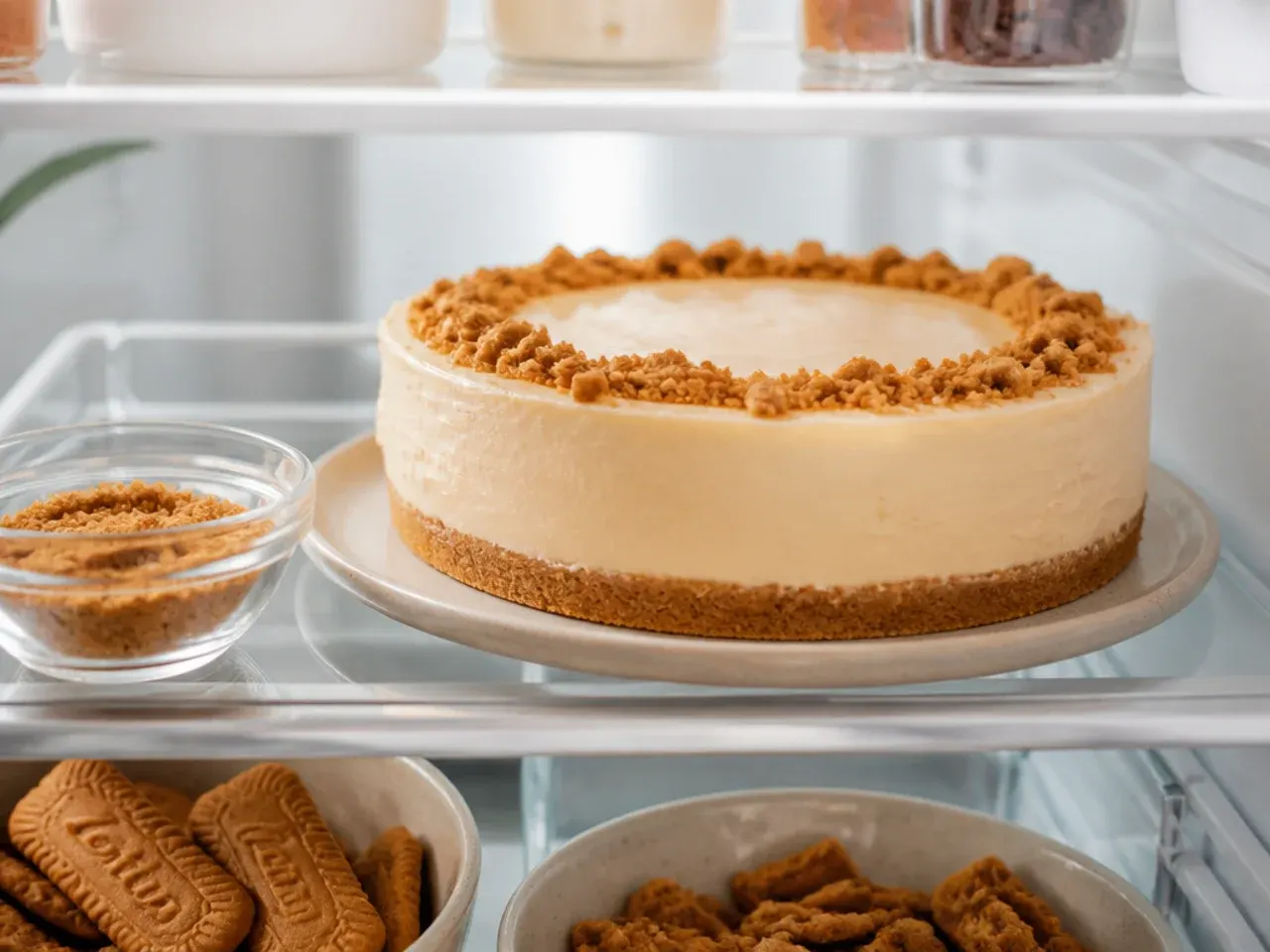 Topped Biscoff cheesecake stored in the fridge with crunchy toppings kept separate for freshness
